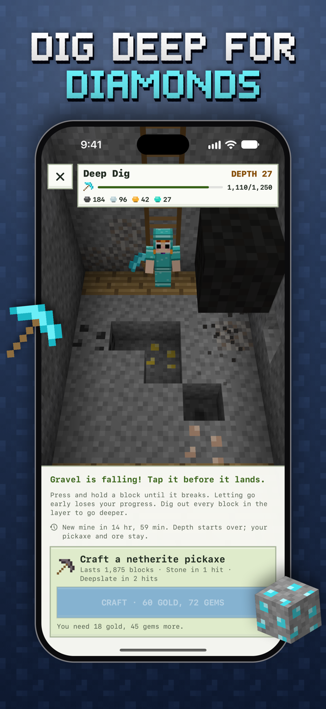 Deep Dig gameplay, with a character mining underground among stone and ore blocks.