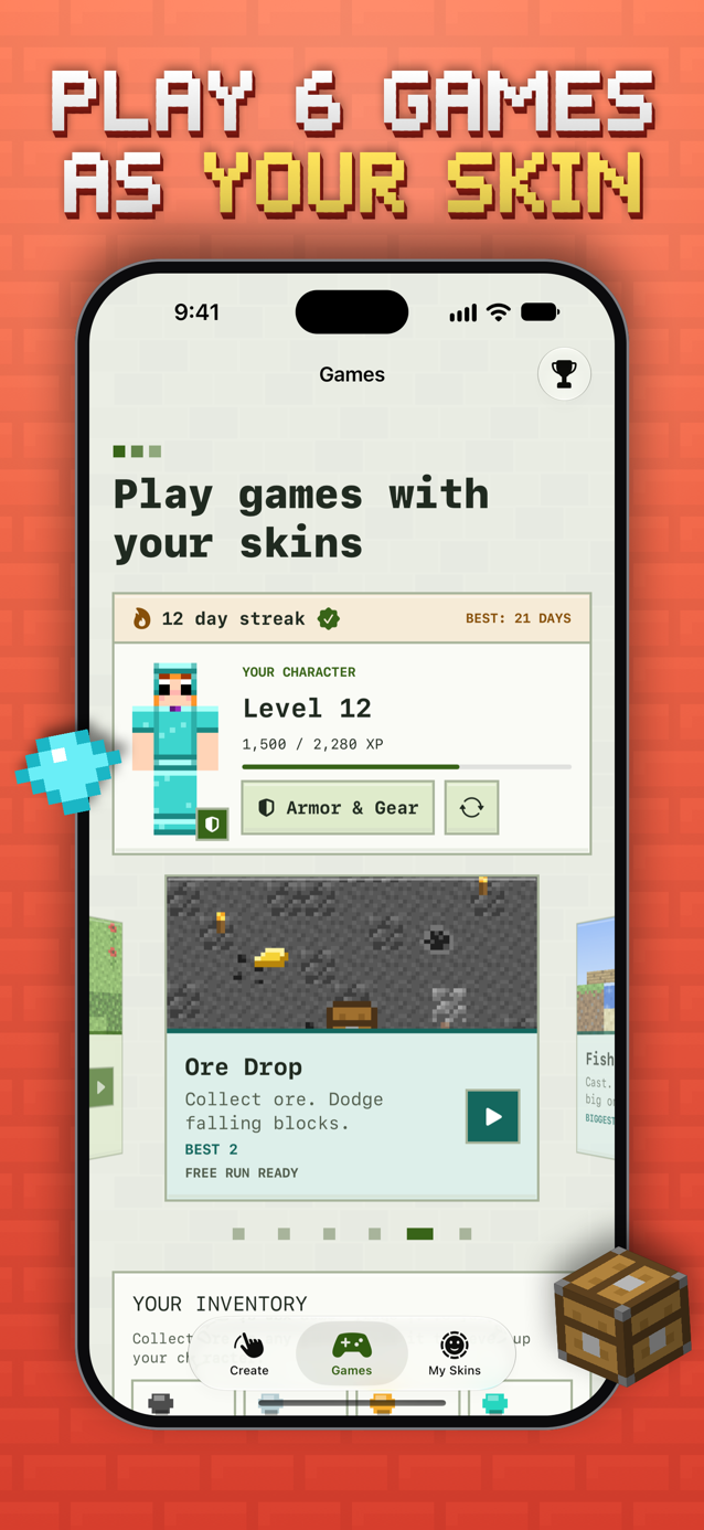 Games screen showing a character profile and the Ore Drop mini-game.