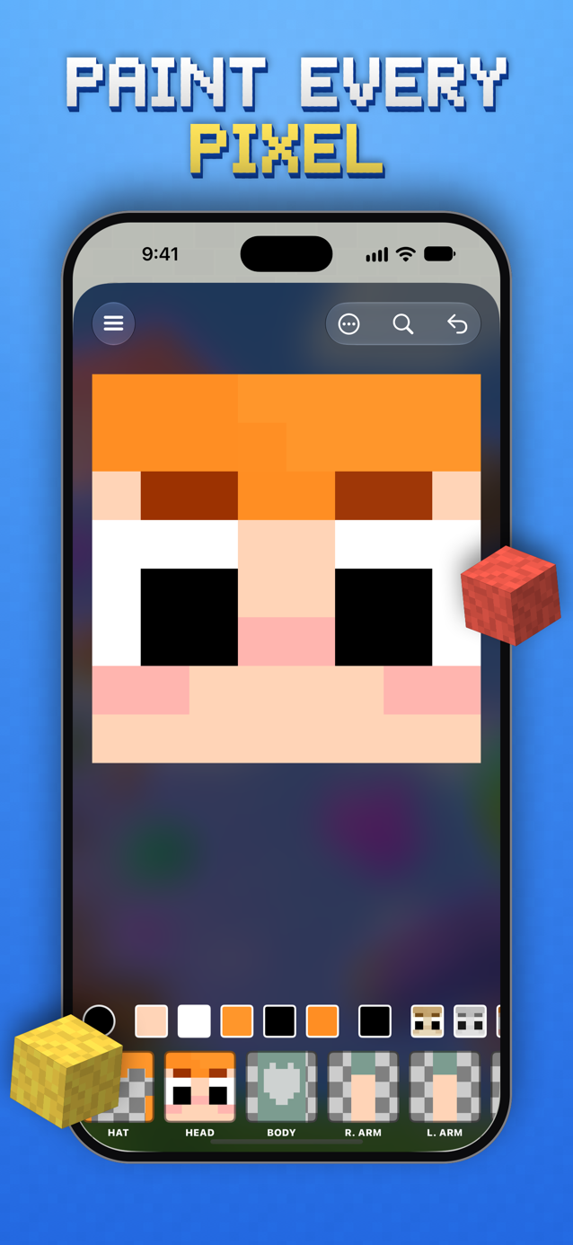Pixel Editor screen showing a Minecraft character face being painted pixel by pixel.